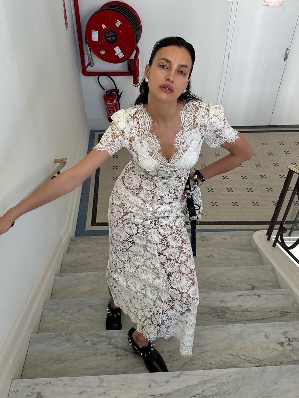 Self-Portrait Cream Fine Lace Pearl Midi Dress